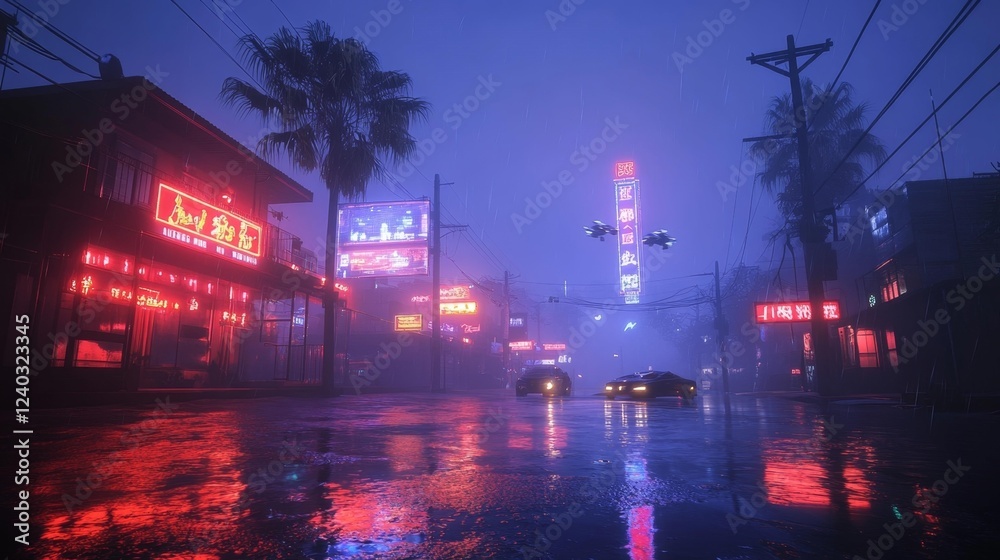 Naklejka premium Cyberpunk Street Scene with Neon Lights. Generative AI