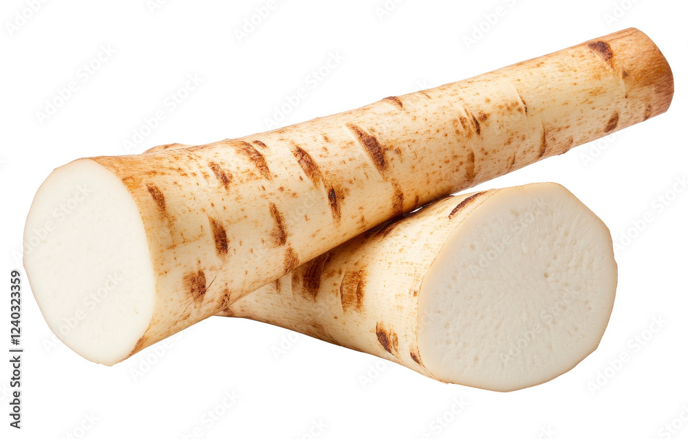 Closeup of Two Sliced Grilled White Root Vegetables with Isolated Background Closeup of Two Sliced Grilled White Root Vegetables with Isolated Background