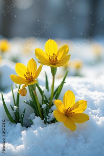 Yellow petals of caragana flowers in a snowdrift, evergreen, snow photo