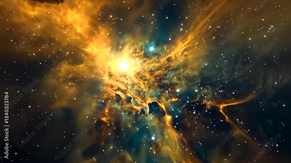 Fantasy animation scene cosmic dance. A mesmerizing cosmic spectacle unfolds, with swirling nebulae in vibrant hues of golden yellow and deep blue, shimmering amidst a field of distant stars.