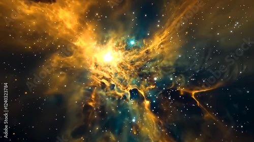 Fantasy animation scene cosmic dance. A mesmerizing cosmic spectacle unfolds, with swirling nebulae in vibrant hues of golden yellow and deep blue, shimmering amidst a field of distant stars.