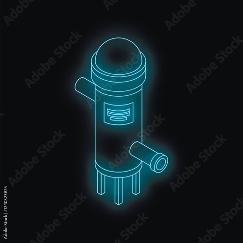 Isometric view of a water purification system featuring a glowing neon outline, emphasizing advanced technology in industrial water treatment