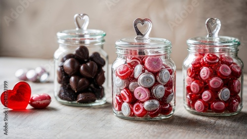 A candy bar filled with glass jars of heart-shaped chocolaten and strawberry candy. photo