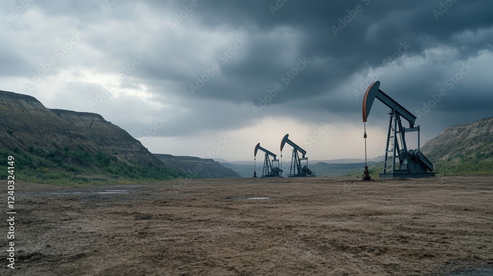 Elegant Shale oil extraction site with pumpjacks in motion framed by a rugged canyon and dramatic storm clouds rolling in Elegant Shale oil extraction site with pumpjacks in motion framed by a rugged canyon and dramatic storm clouds rolling in