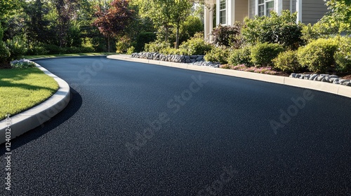 Freshly paved driveway with deep black asphalt and crisp, defined edges.