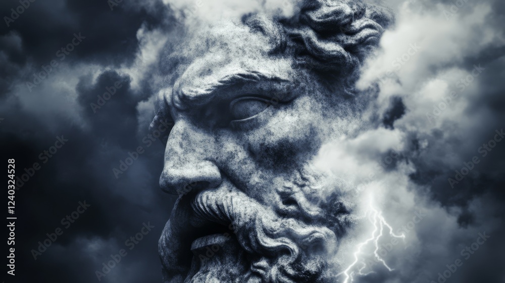 Zeus, the god of thunder, is depicted as a towering figure unleashing storms and chaos, with jagged lightning surrounding him. Zeus, the god of thunder, is depicted as a towering figure unleashing storms and chaos, with jagged lightning surrounding him.