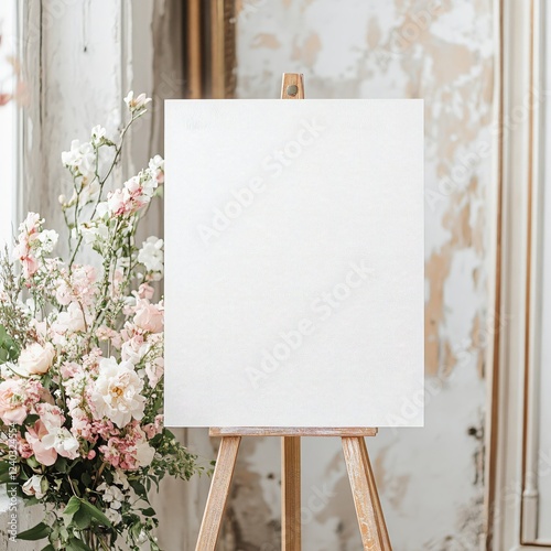 Blank Canvas on Wooden Easel with Floral Arrangement