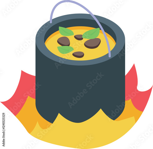 Metal cooking pot with hot food over burning firewood, preparing a camping meal