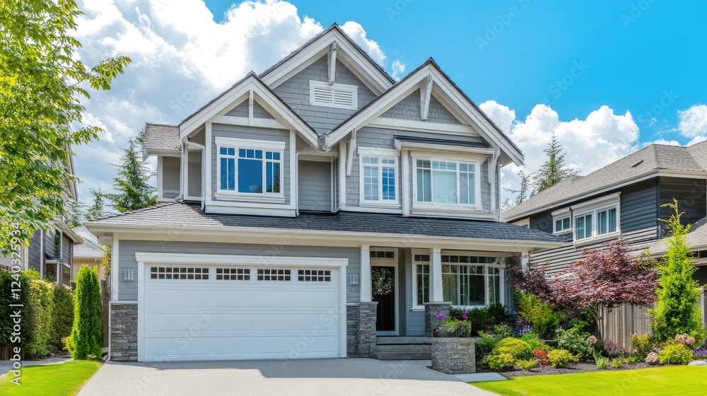 House exterior with newly installed white aluminum rain gutters and downspouts. House exterior with newly installed white aluminum rain gutters and downspouts.
