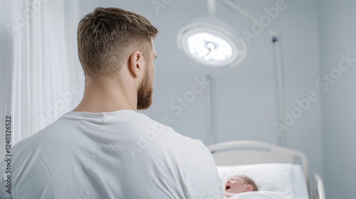 hospital hallway with anxious new father pacing outside delivery room muffled baby cries heard inside white walls and soft overhead lights 