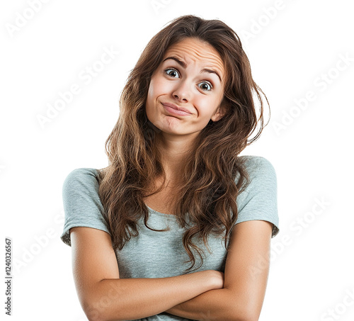 Young woman making a skeptical face with arms crossed, isolated on transparent cutout background photo