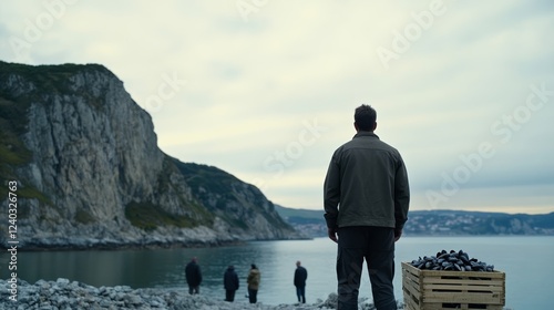 Morning mist hovering over a rocky shoreline as fishermen gather mussels into wooden crates the sea glimmering in soft light 