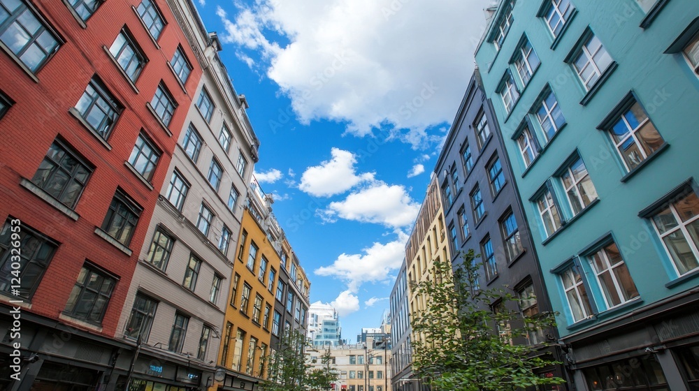 Fototapeta premium Vibrant Cityscape: Colorful Buildings Under a Bright Sky