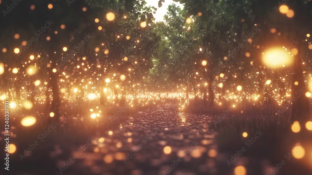 Naklejka premium Magical Firefly Forest Path, Glowing Lights and Trees