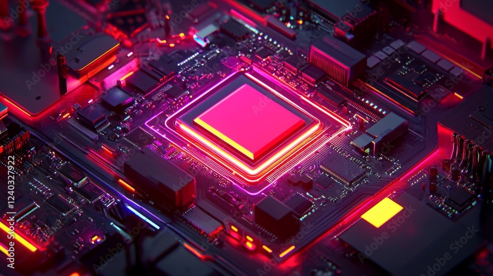 Close-Up View of a Vibrant Circuit Board with Neon Lights Illuminating Electronic Components and a Central Processor Close-Up View of a Vibrant Circuit Board with Neon Lights Illuminating Electronic Components and a Central Processor