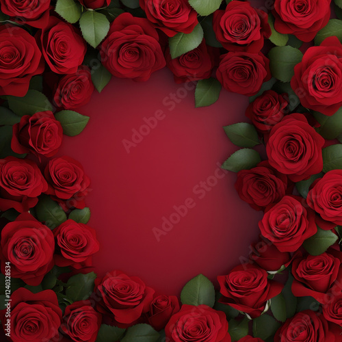 beautiful arrangement of red roses creates romantic frame, perfect for Valentine Day or special occasions. lush greenery enhances vibrant red petals, evoking love and passion