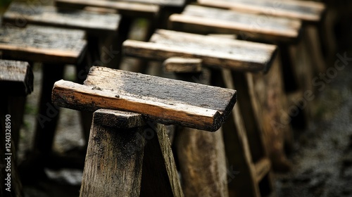 Rain gutter section resting on sawhorses, prepared for cutting and fitting.