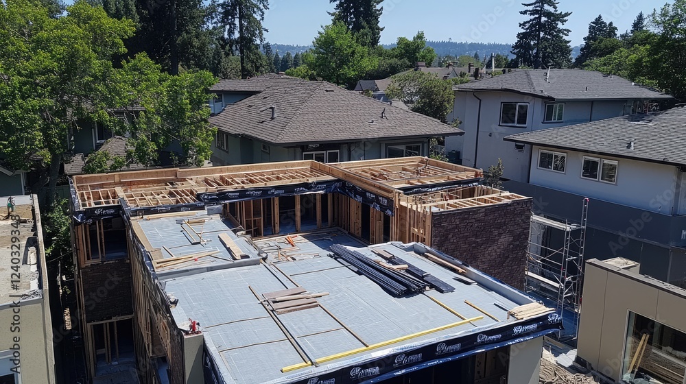 Fototapeta premium Rooftop view of rain gutter installation in progress with tools and materials visible.