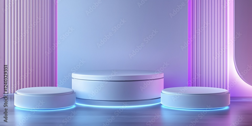 Three white cylindrical podiums of varying sizes resting on a gray floor, illuminated by neon lights against a purple pink wall, create a modern, futuristic backdrop for product presentation Three white cylindrical podiums of varying sizes resting on a gray floor, illuminated by neon lights against a purple pink wall, create a modern, futuristic backdrop for product presentation