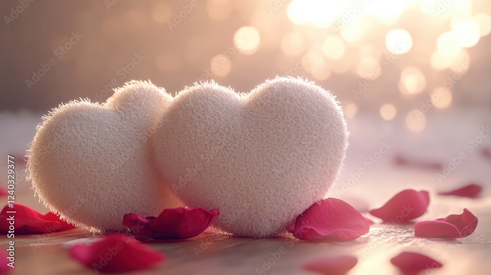 Fototapeta premium Two hearts are on a table with pink petals
