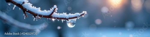 A delicate ice formation clung to the side of a frozen branch like a tiny, fragile ornament, cold weather, serenity
