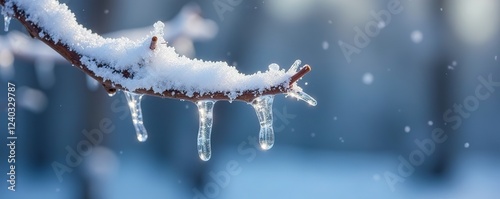 A delicate ice formation clung to the side of a frozen branch like a tiny, fragile ornament, peaceful scenery, snowy landscape, frosty