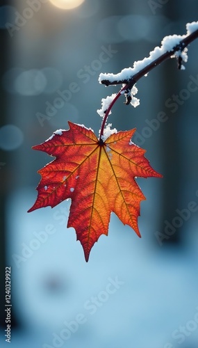 A delicate leaf clings to a branch as winter's grip tightens, winter weather, wintry forest