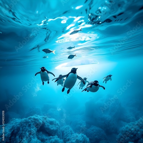 Penguins living in Antarctica. It's a group of penguins. We are all moving together. A group of penguins are swimming. It's in the water. I'm hunting. Everyone is swimming together.