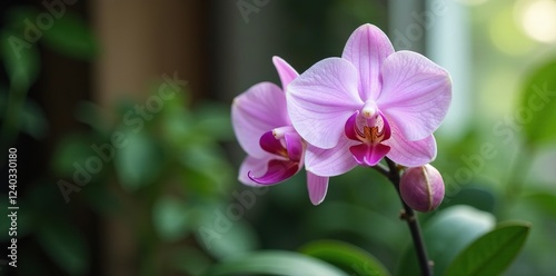 A delicate light purple-colored orchid in a terrarium, natural, exotic
