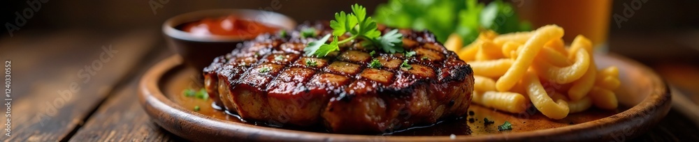 Grilled steak on wooden plate with BBQ sauce and sides, side dishes, bbq sauce, plate Grilled steak on wooden plate with BBQ sauce and sides, side dishes, bbq sauce, plate