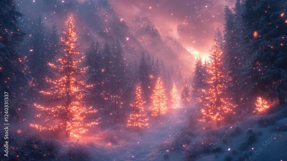 Fototapeta premium Winter Forest with Glowing Trees. Generative AI