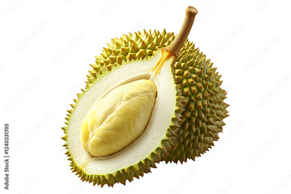 Obraz premium Closeup of whole durian and one cut open showing creamy flesh isolated on white transparent background, exotic fruit concept.