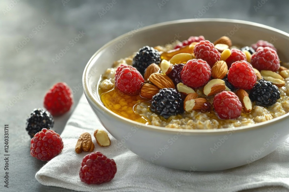 A bowl of warm oatmeal topped with fresh berries, nuts, and a drizzle of honey, placed on a linen napkin for a cozy breakfast.