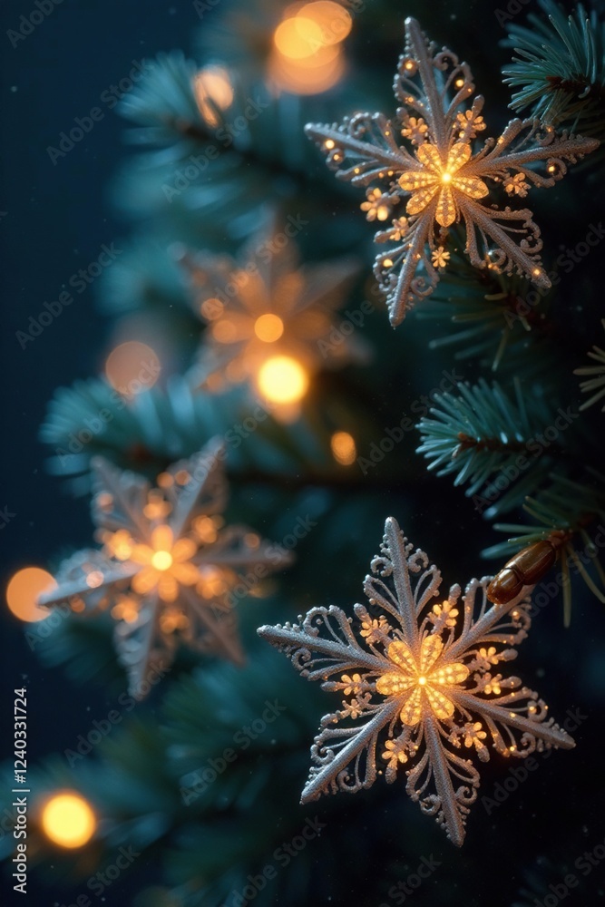Fototapeta premium Sparkling snowflakes on a bright Christmas tree background, decoration, sparkly