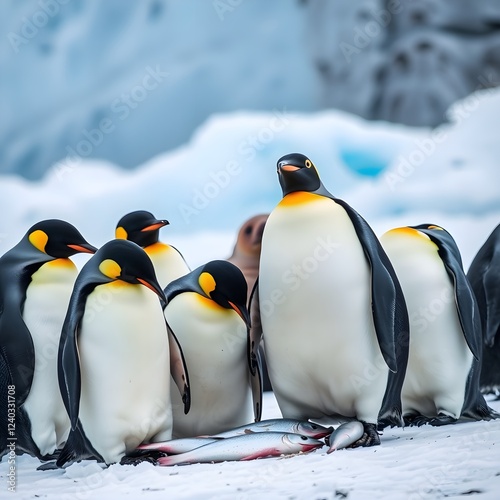
Penguins living in Antarctica. It's a group of penguins. Let's all eat together. hunted fish Behind is a sea lion lying down. The penguin family is trying to eat.