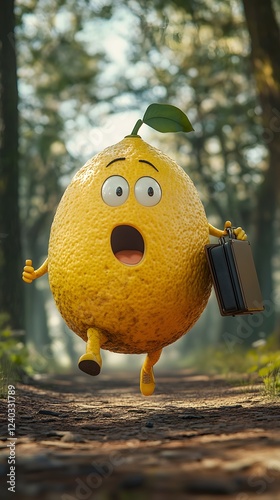 Humorous 3D scene of a large anthropomorphic lemon with a dimpled yellow body running in a forest wide cartoonish eyes surprised holding a briefcase midstride on a dirt path with blurred trees photo