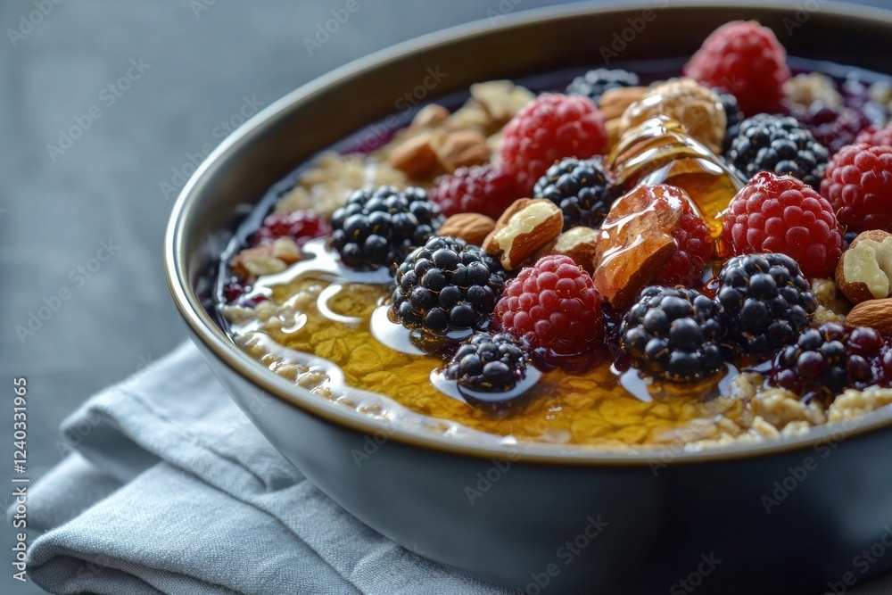 A bowl of warm oatmeal topped with fresh berries, nuts, and a drizzle of honey, placed on a linen napkin for a cozy breakfast. A bowl of warm oatmeal topped with fresh berries, nuts, and a drizzle of honey, placed on a linen napkin for a cozy breakfast.