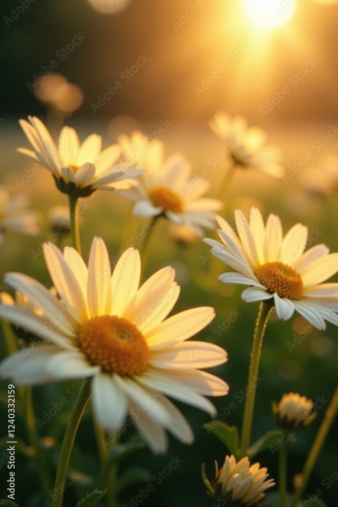 Fototapeta premium Warm sunlight filtering through the daisy blooms, warm, dappled