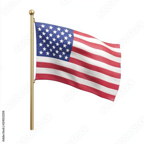 Waving American Flag on Gold Pole Against White Background