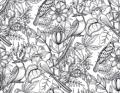 Vector seamless pattern with tropical plants and flowers, wild exotic birds.