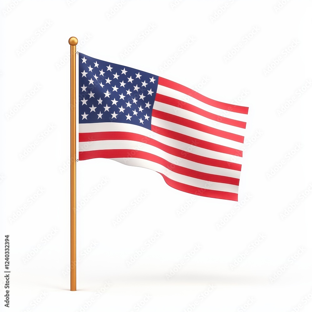 Fototapeta premium Waving American Flag on Wooden Pole Against White Background