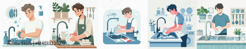 vector of a young man washing dishes