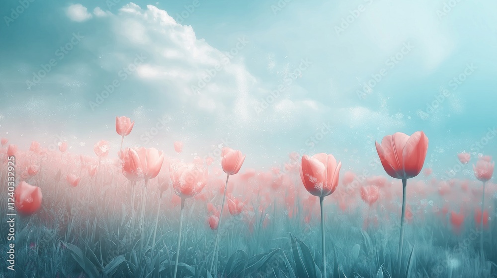 Fototapeta premium 幻想的なチューリップ畑と青空｜春の花風景・夢幻の光景・パステルカラーの自然