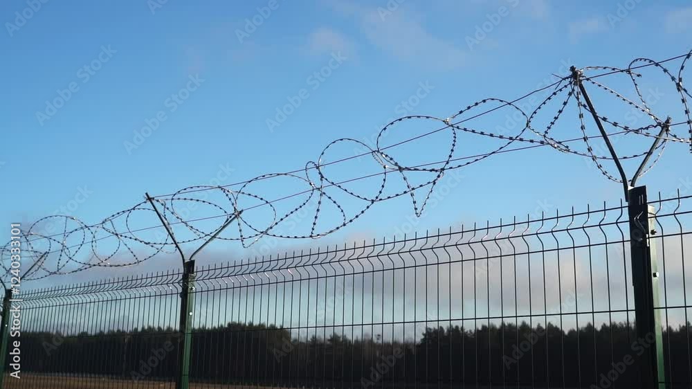 Barbed wire fence on the border. Protection and prohibition