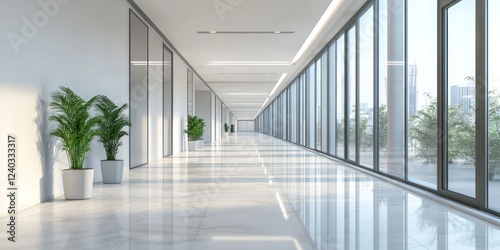 Modern Office Corridor  Sunlight Streaming Through Floor-to-Ceiling Windows