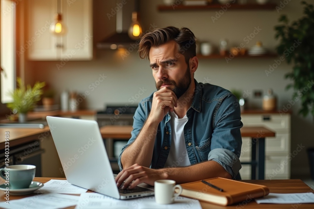 Man is sitting at table with his laptop and coffee Man is sitting at table with his laptop and coffee
