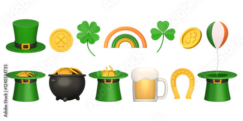Set of elements for st patrick's day in 3d realistic style. Symbols of good luck - clover, leprechaun hat, golden coins, pot of money, Quatrefoil, horseshoe. Vector illustration.