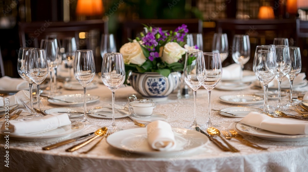 A beautifully arranged dining table showcases fine china, sparkling crystal glassware, and lush white roses. Soft light creates an inviting atmosphere for a special occasion A beautifully arranged dining table showcases fine china, sparkling crystal glassware, and lush white roses. Soft light creates an inviting atmosphere for a special occasion