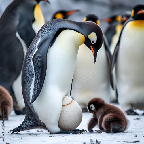 Penguins living in Antarctica. It's a group of penguins. A mother penguin is incubating an egg. A baby penguin is with its mother penguin. We are taking care of the eggs together.
