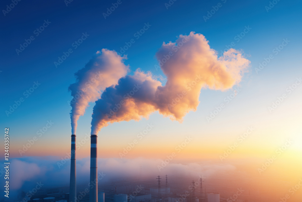 image showcases power plant with smoke billowing from its chimneys against vibrant sunset sky, creating striking contrast image showcases power plant with smoke billowing from its chimneys against vibrant sunset sky, creating striking contrast